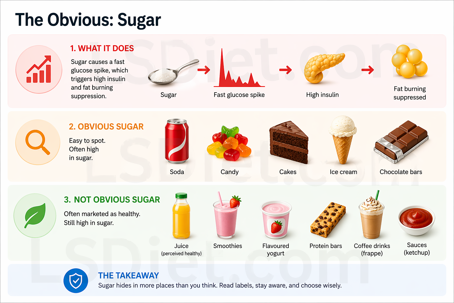 The obvious sugar — soda, candy, cakes, and hidden sugar in juice, smoothies, yogurt, and sauces